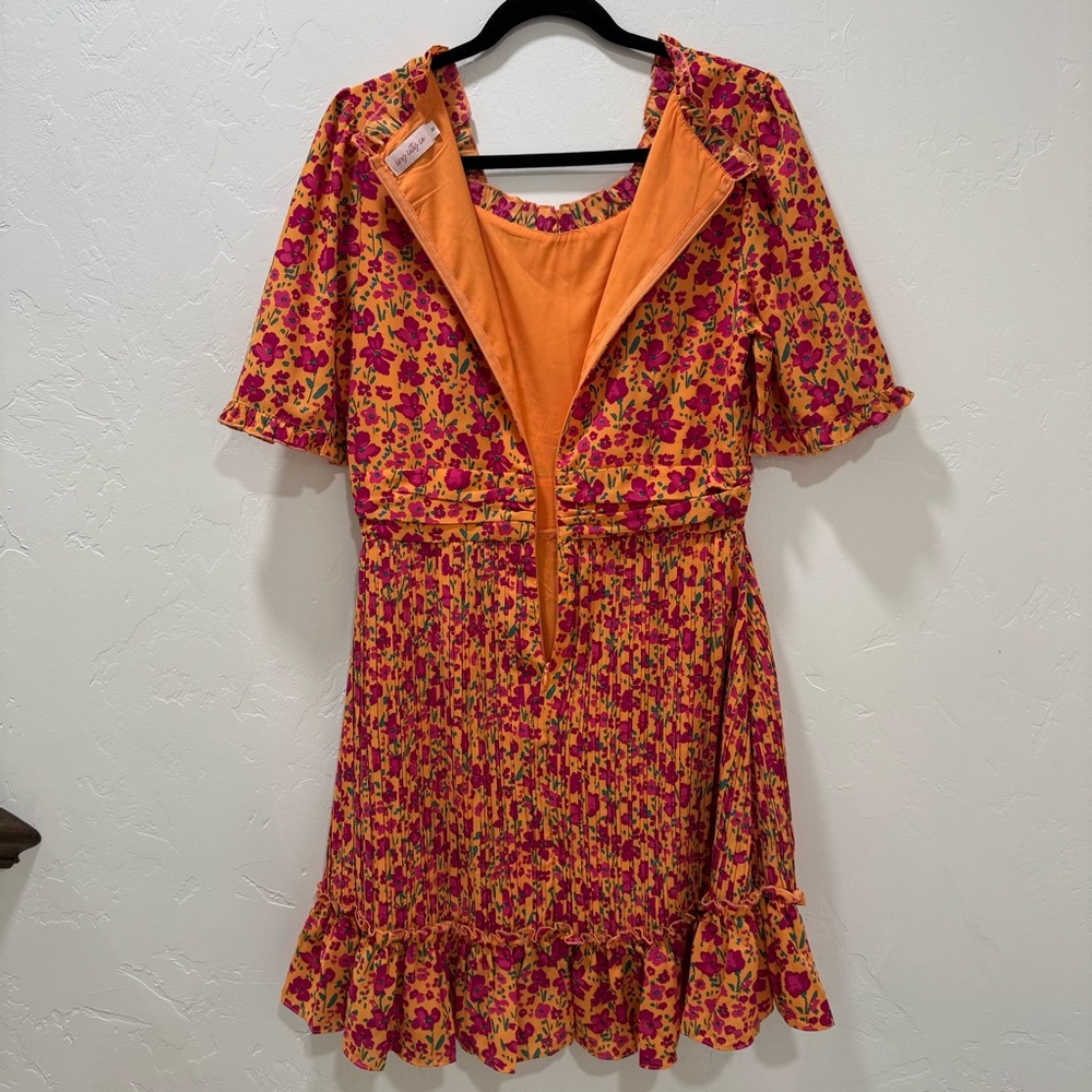 EUC Ivy City Co Bright Orange Pink Floral Pleated Dress Knee Length Women's 8 - Picture 10 of 14